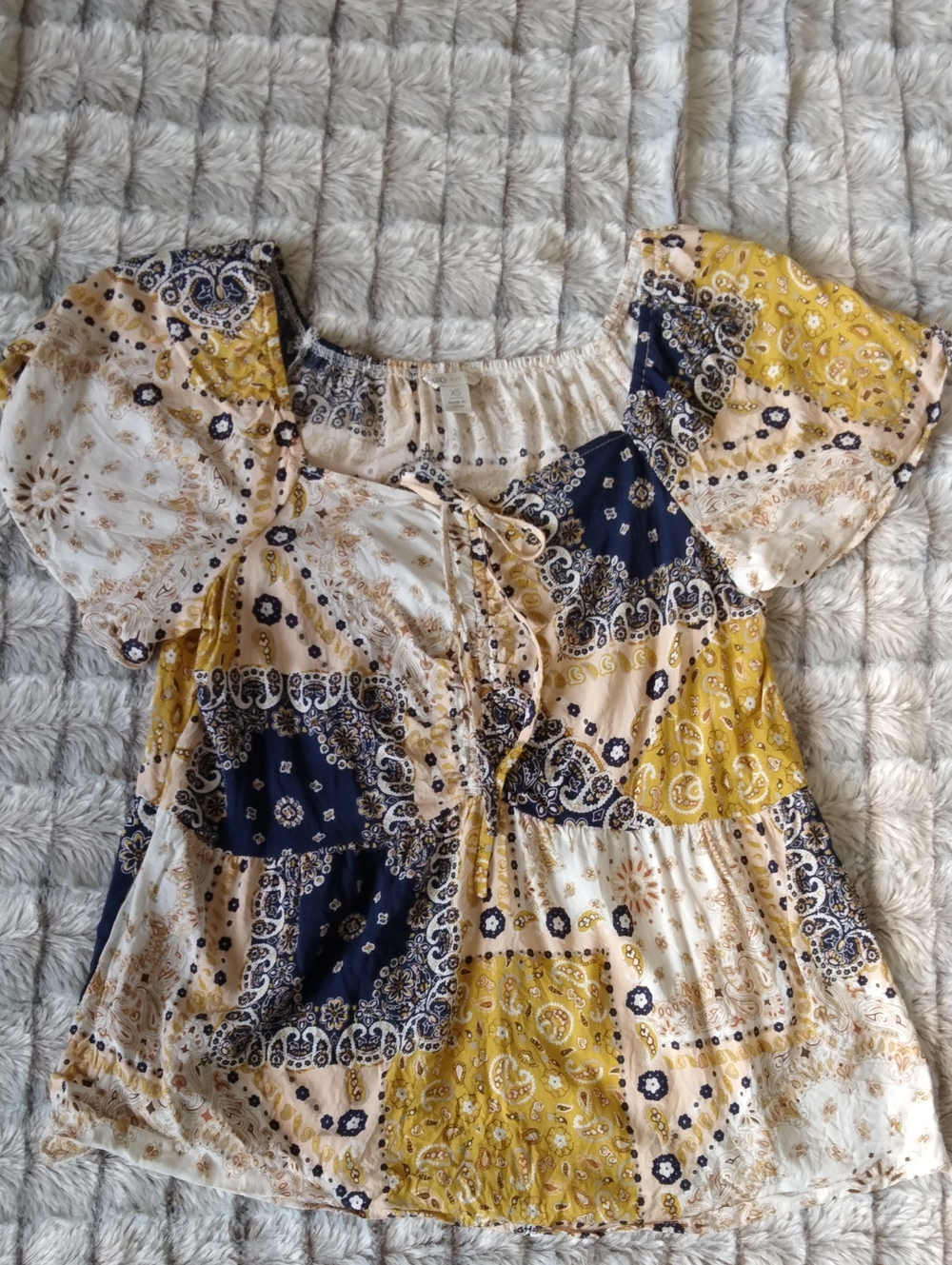 Cato Yellow Navy Cream Patchwork Bandana Print Blouse